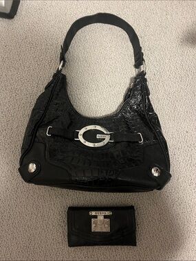 GUESS Black Croc-Embossed Shoulder Bag with Wallet